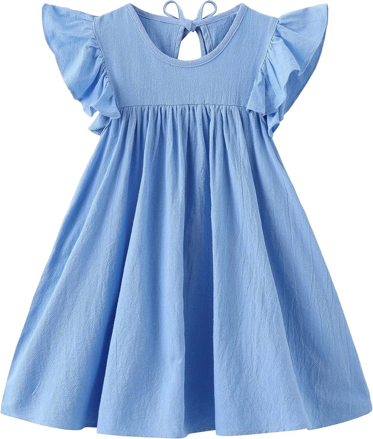 Toddler Girls Ruffle Sleeve Cotton Linen Dress Sleeveless Baby Girl Back Tie Dress Kid Casual Sundress