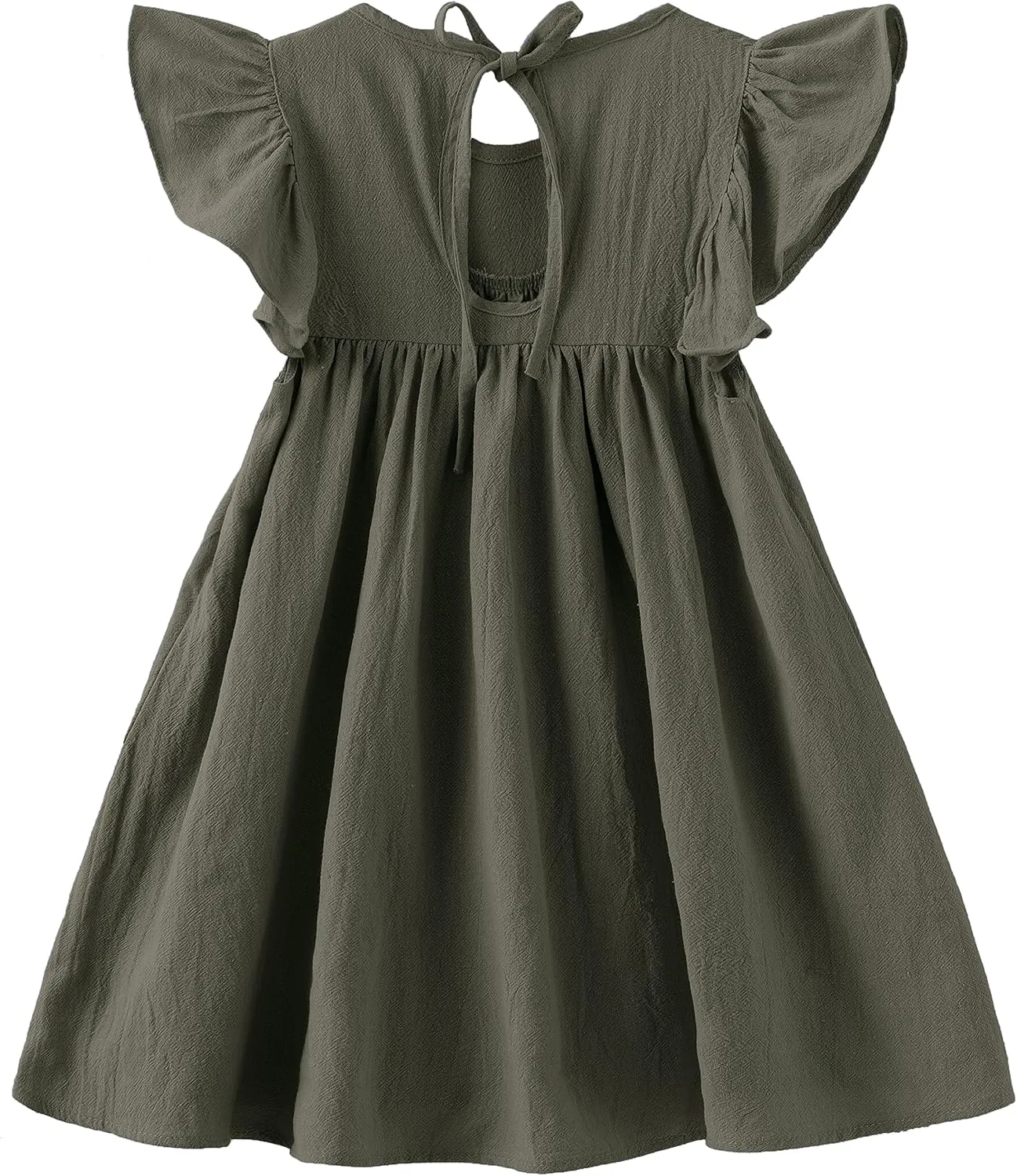 Toddler Girls Ruffle Sleeve Cotton Linen Dress Sleeveless Baby Girl Back Tie Dress Kid Casual Sundress