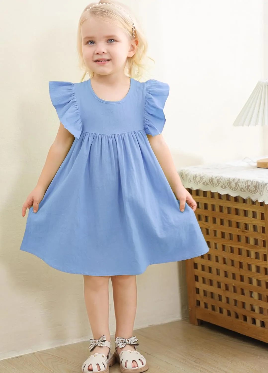 Toddler Girls Ruffle Sleeve Cotton Linen Dress Sleeveless Baby Girl Back Tie Dress Kid Casual Sundress
