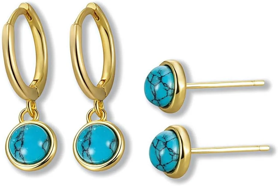 Turquoise Earrings Set, Gold Plated Huggie Hoops and Stud Earrings, Round Stone Design