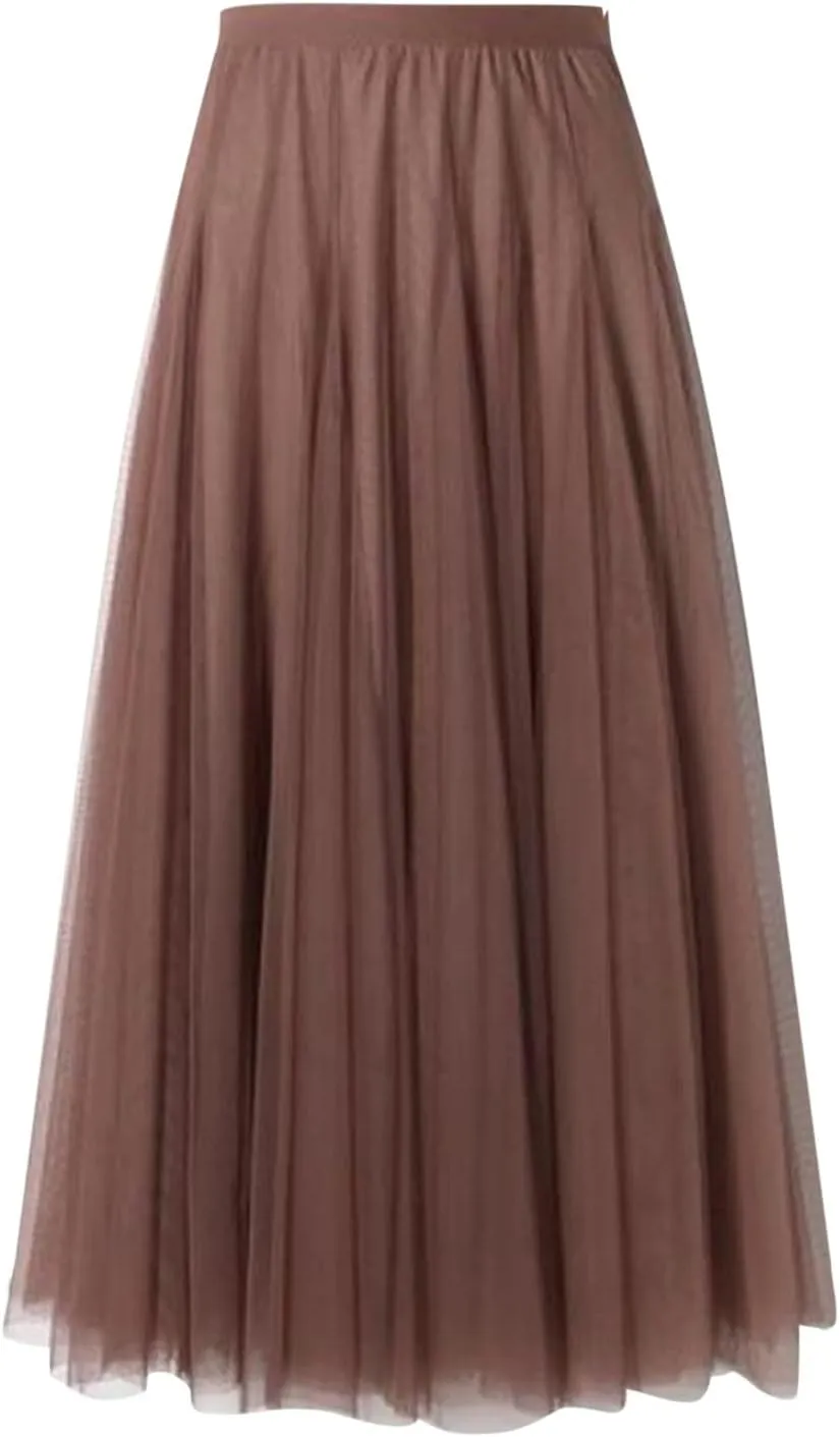 Tutu Tulle Skirt for Women Layered Mesh Ballet Prom Party A-Line Maxi Skirt Elastic High Waist Flowy Long Skirts