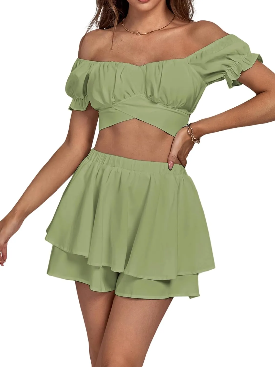 Umenlele Women's 2 Piece Outfits Off Shoulder Tie Back Crop Top and Layered Shorts Set
