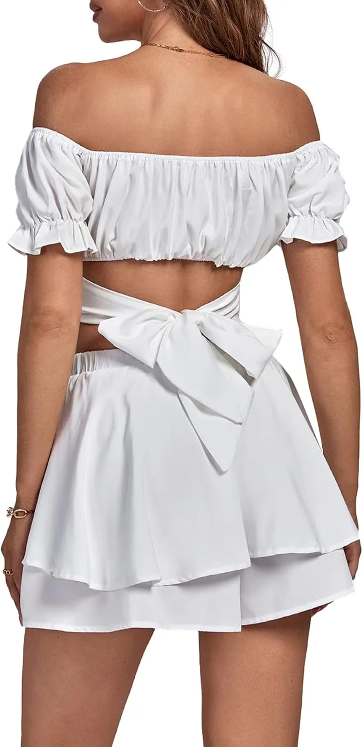 Umenlele Women's 2 Piece Outfits Off Shoulder Tie Back Crop Top and Layered Shorts Set