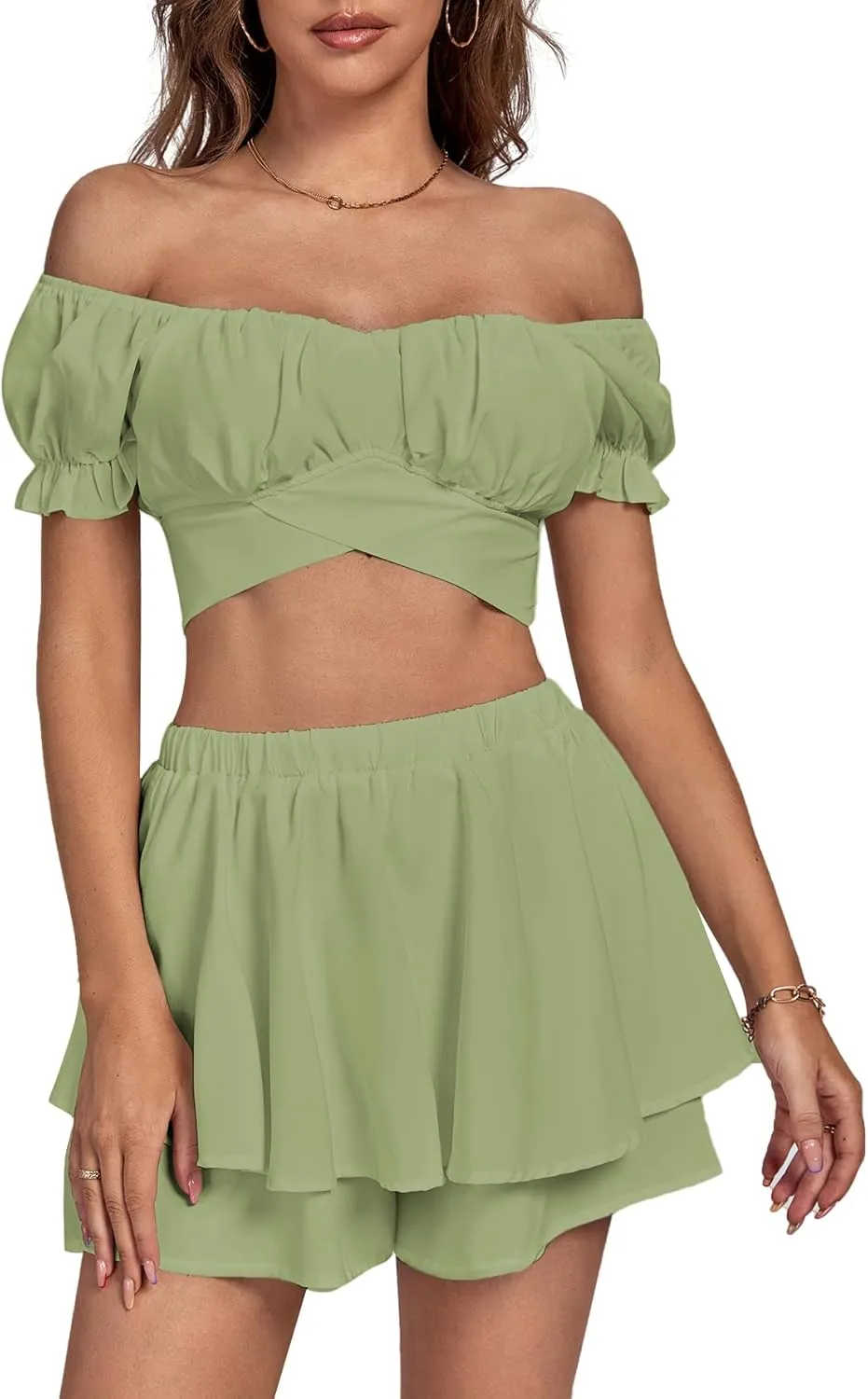 Umenlele Women's 2 Piece Outfits Off Shoulder Tie Back Crop Top and Layered Shorts Set