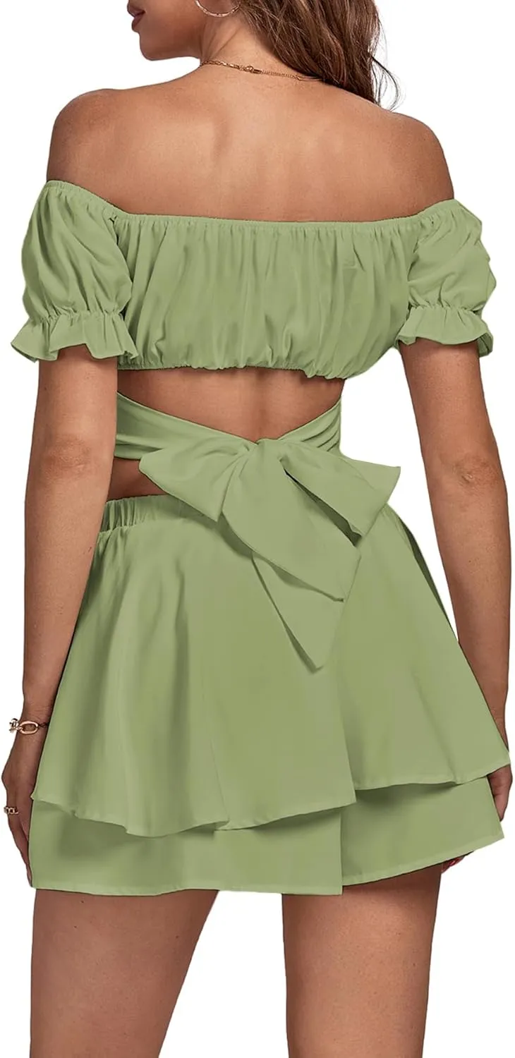 Umenlele Women's 2 Piece Outfits Off Shoulder Tie Back Crop Top and Layered Shorts Set