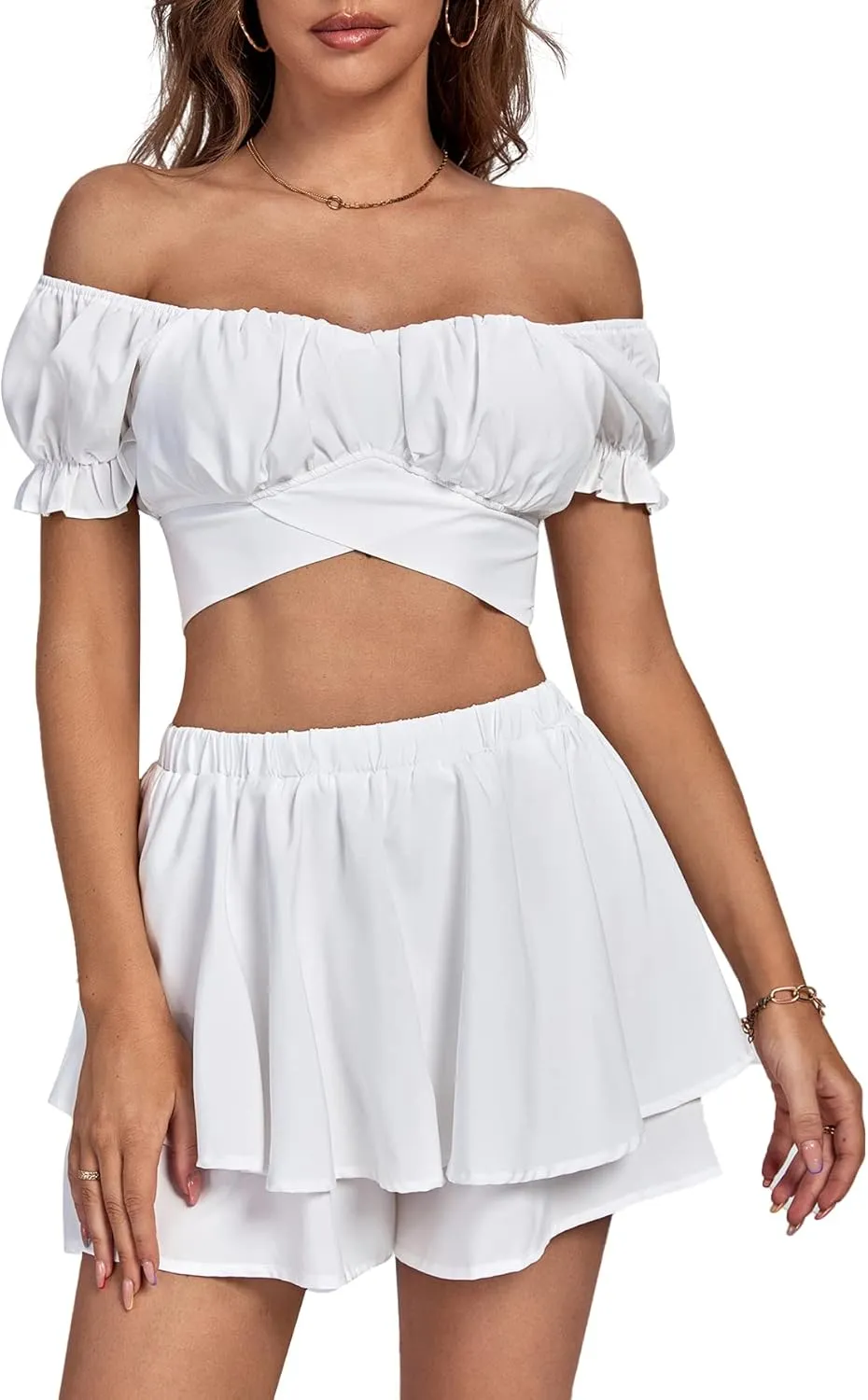 Umenlele Women's 2 Piece Outfits Off Shoulder Tie Back Crop Top and Layered Shorts Set