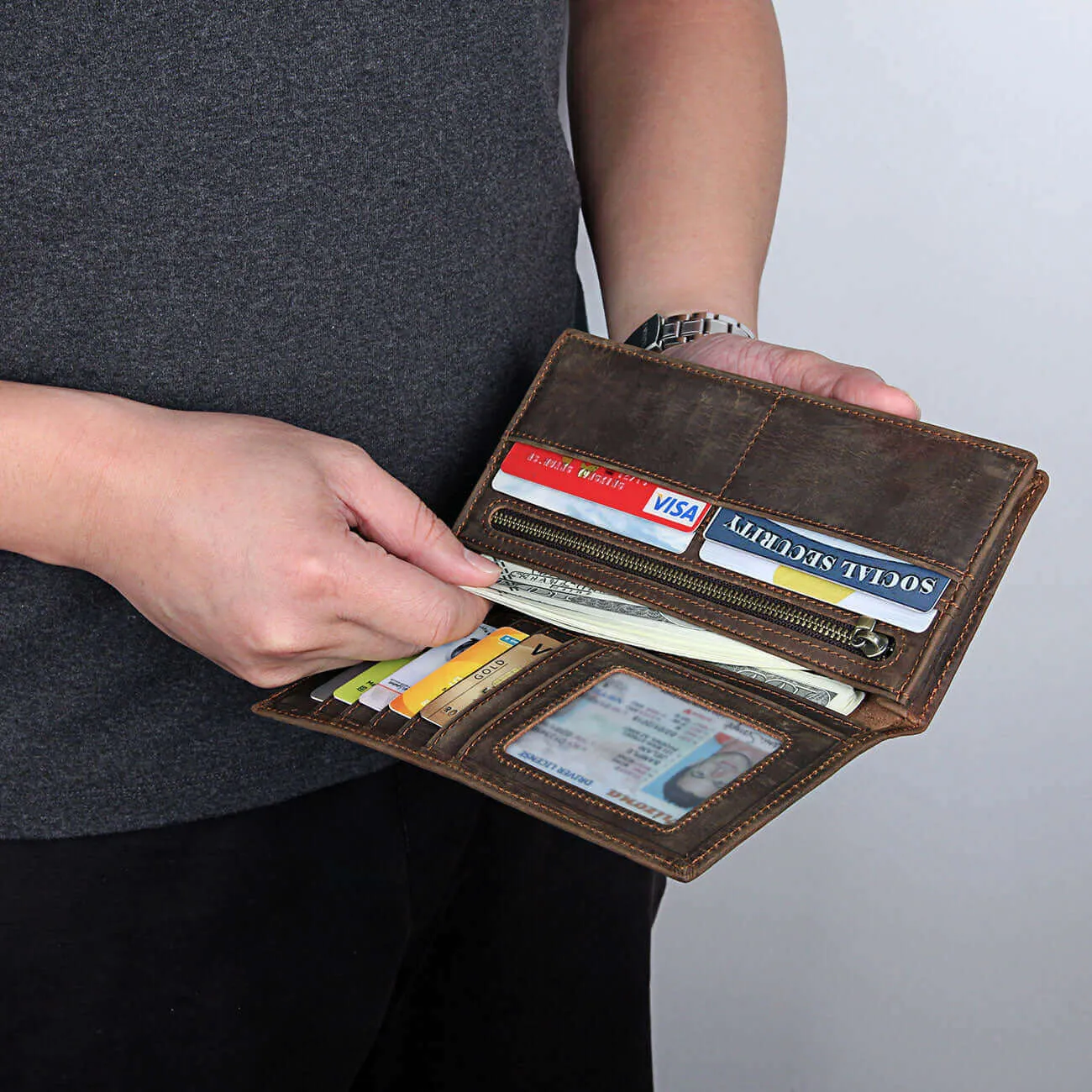 Vintage Crazy Horse Leather Long Wallet - Stylish and Functional
