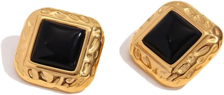 Vintage Gold Earrings for Women, Square Earrings Oval Cross Natural Stone Stud Earrings Zirconia Statement Earrings Studs, Hypoallergenic Dainty Birthday Jewelry Gift (Square Black Acrylic Earrings-Golden)
