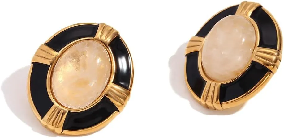 Vintage Gold Earrings for Women, Square Earrings Oval Cross Natural Stone Stud Earrings Zirconia Statement Earrings Studs, Hypoallergenic Dainty Birthday Jewelry(Oval Earrings-Gold & Black)