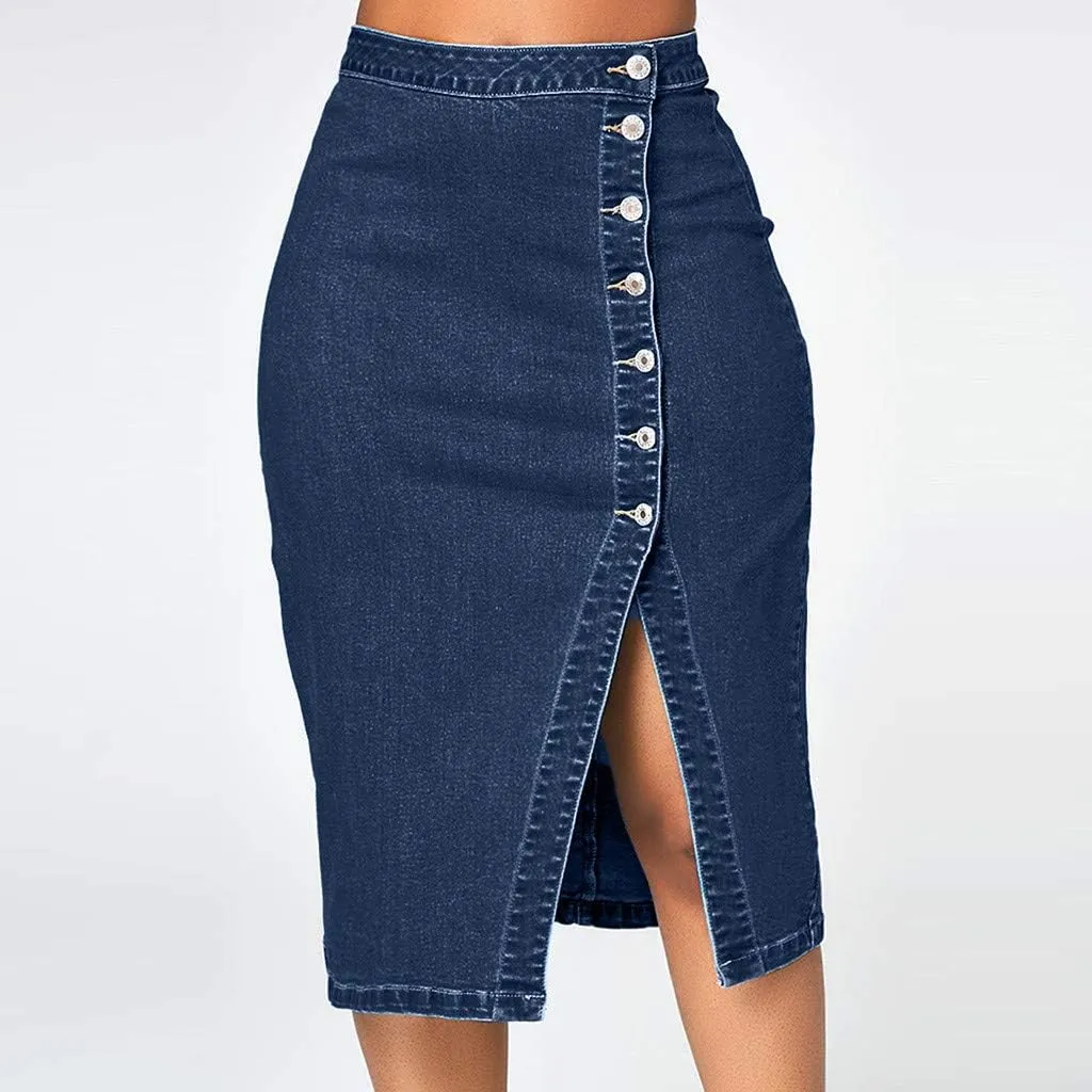 Vintage Skirts Women Fashion Denim Pencil Skirt Plus Size High Waisted Blow Knee Blue Denim Jeans Skirts Knit Animal