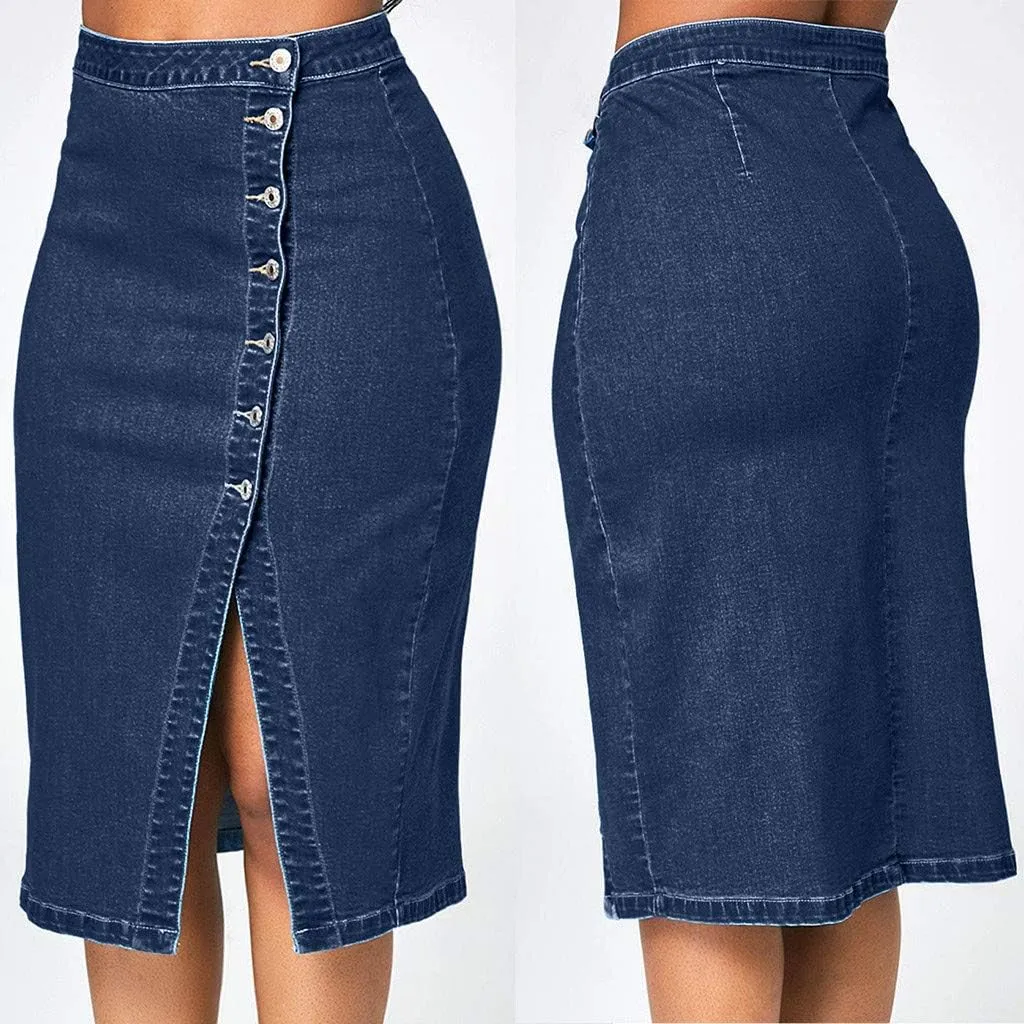 Vintage Skirts Women Fashion Denim Pencil Skirt Plus Size High Waisted Blow Knee Blue Denim Jeans Skirts Knit Animal