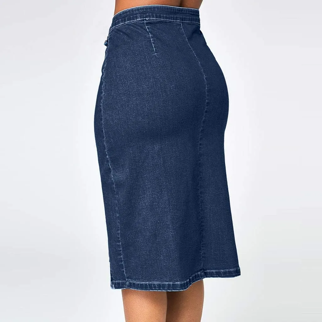 Vintage Skirts Women Fashion Denim Pencil Skirt Plus Size High Waisted Blow Knee Blue Denim Jeans Skirts Knit Animal