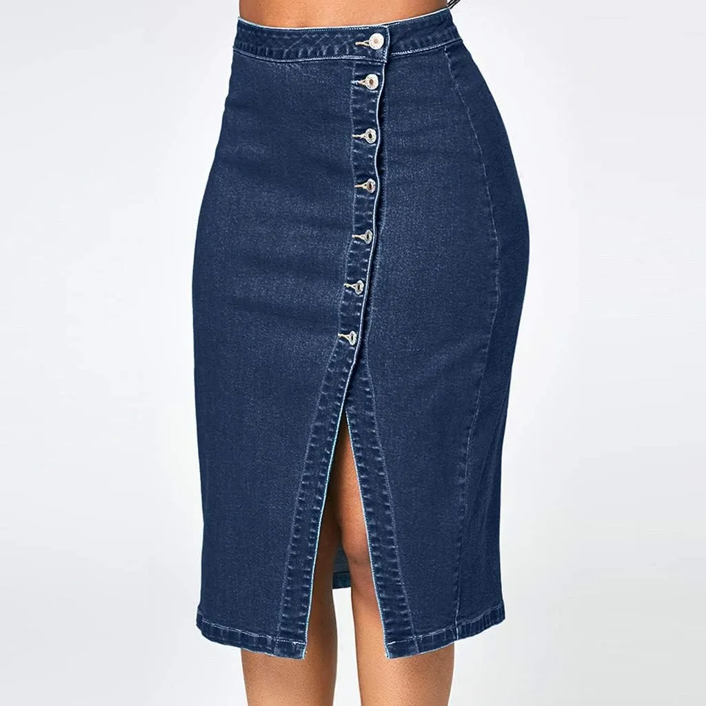 Vintage Skirts Women Fashion Denim Pencil Skirt Plus Size High Waisted Blow Knee Blue Denim Jeans Skirts Knit Animal