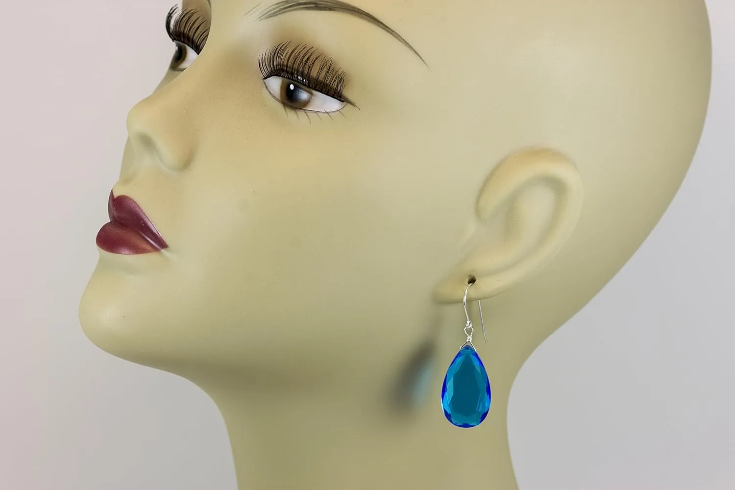 Vivid Dark Swiss Blue Simulated Topaz Earrings Faceted Teardrops Simple Dangle Drops 1.4"