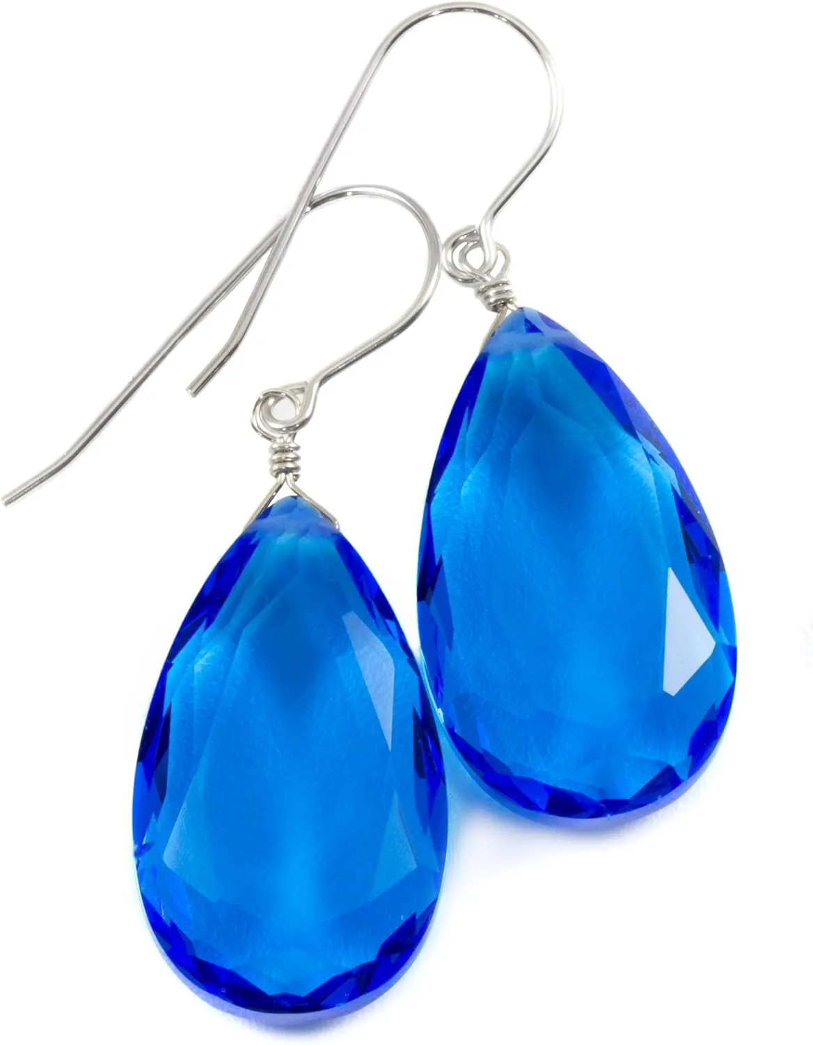 Vivid Dark Swiss Blue Simulated Topaz Earrings Faceted Teardrops Simple Dangle Drops 1.4"
