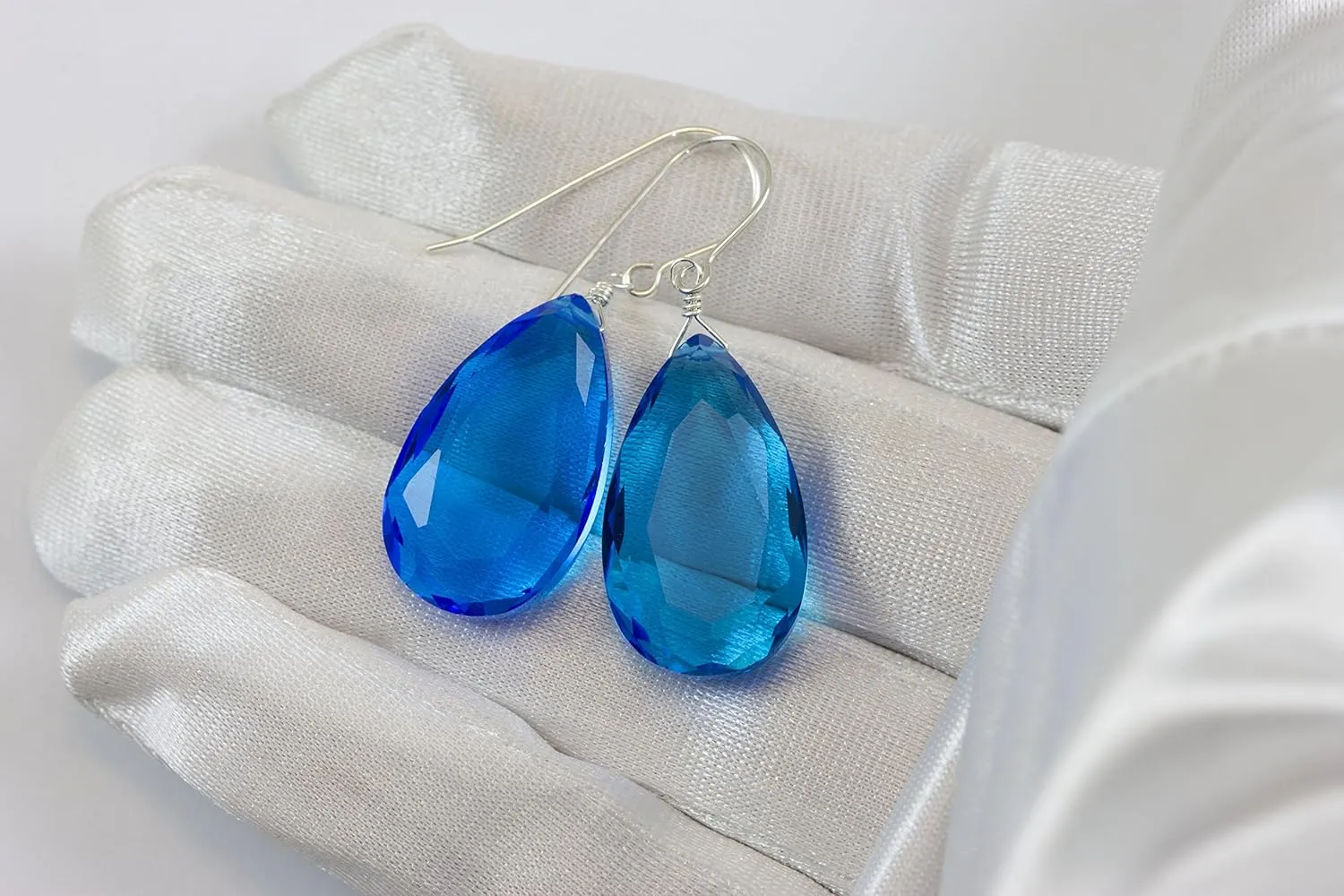 Vivid Dark Swiss Blue Simulated Topaz Earrings Faceted Teardrops Simple Dangle Drops 1.4"