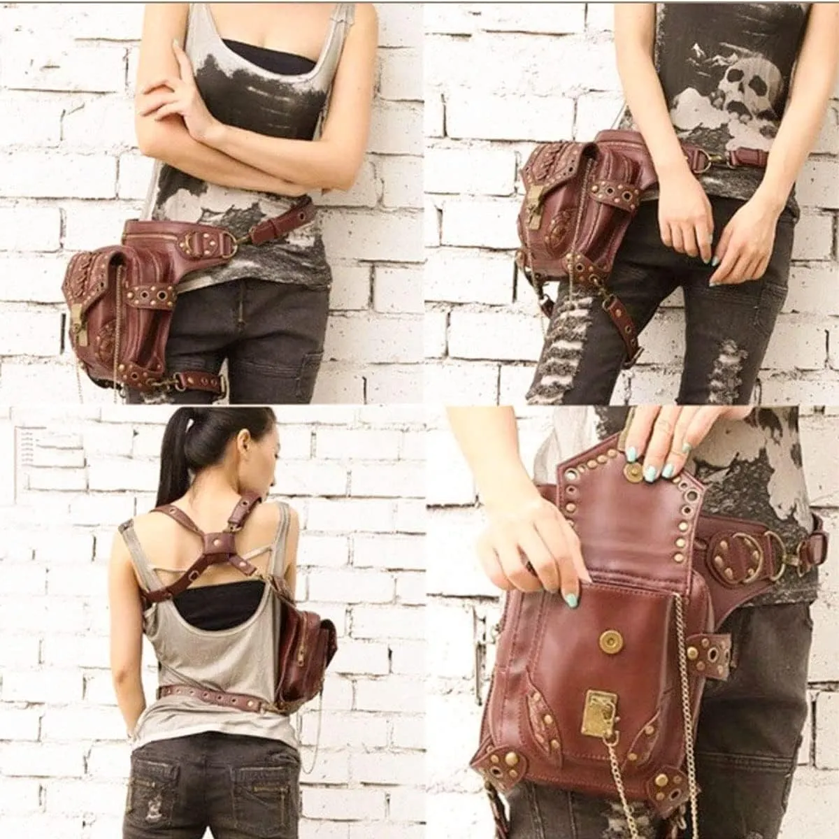 Waist Bag Fanny Pack Motorcycle Drop Leg Thigh Hip Pouch Messenger Leather Crossbody Shoulder Purse Wallet Pocket, One Color, Brown 043