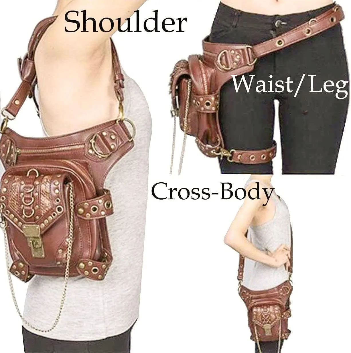 Waist Bag Fanny Pack Motorcycle Drop Leg Thigh Hip Pouch Messenger Leather Crossbody Shoulder Purse Wallet Pocket, One Color, Brown 043