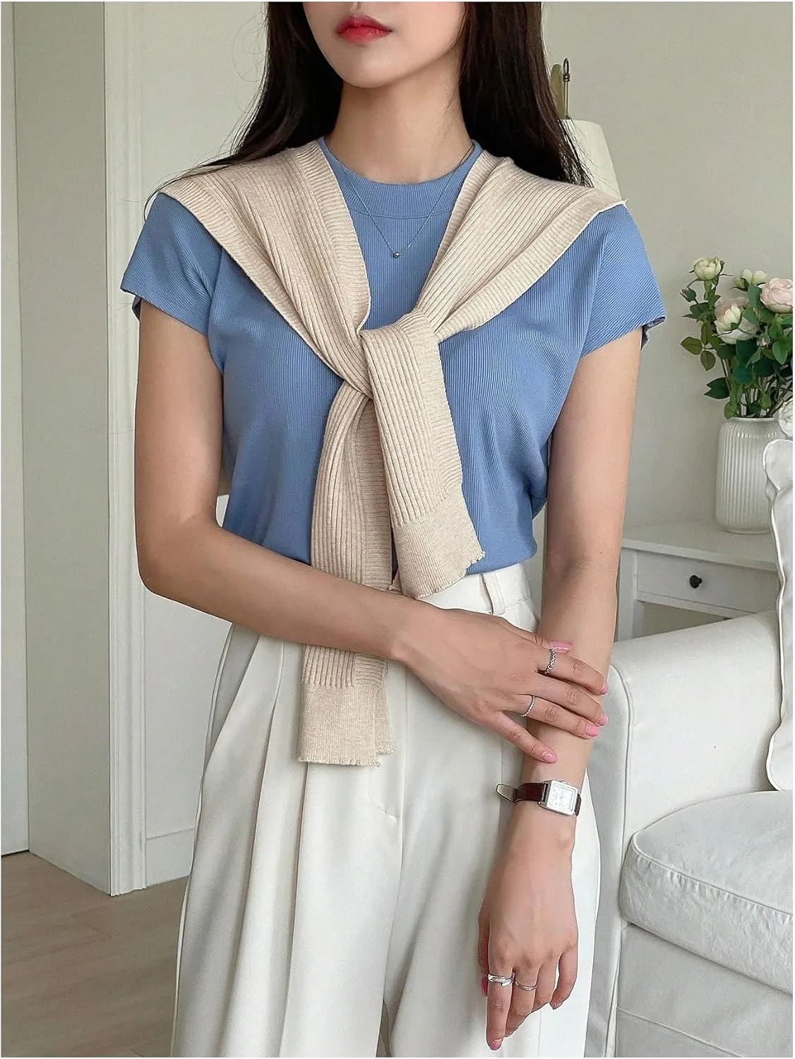 WDIRARA Women's Knitted Knotted Shawl Wraps Casual Cape Shoulder Tops
