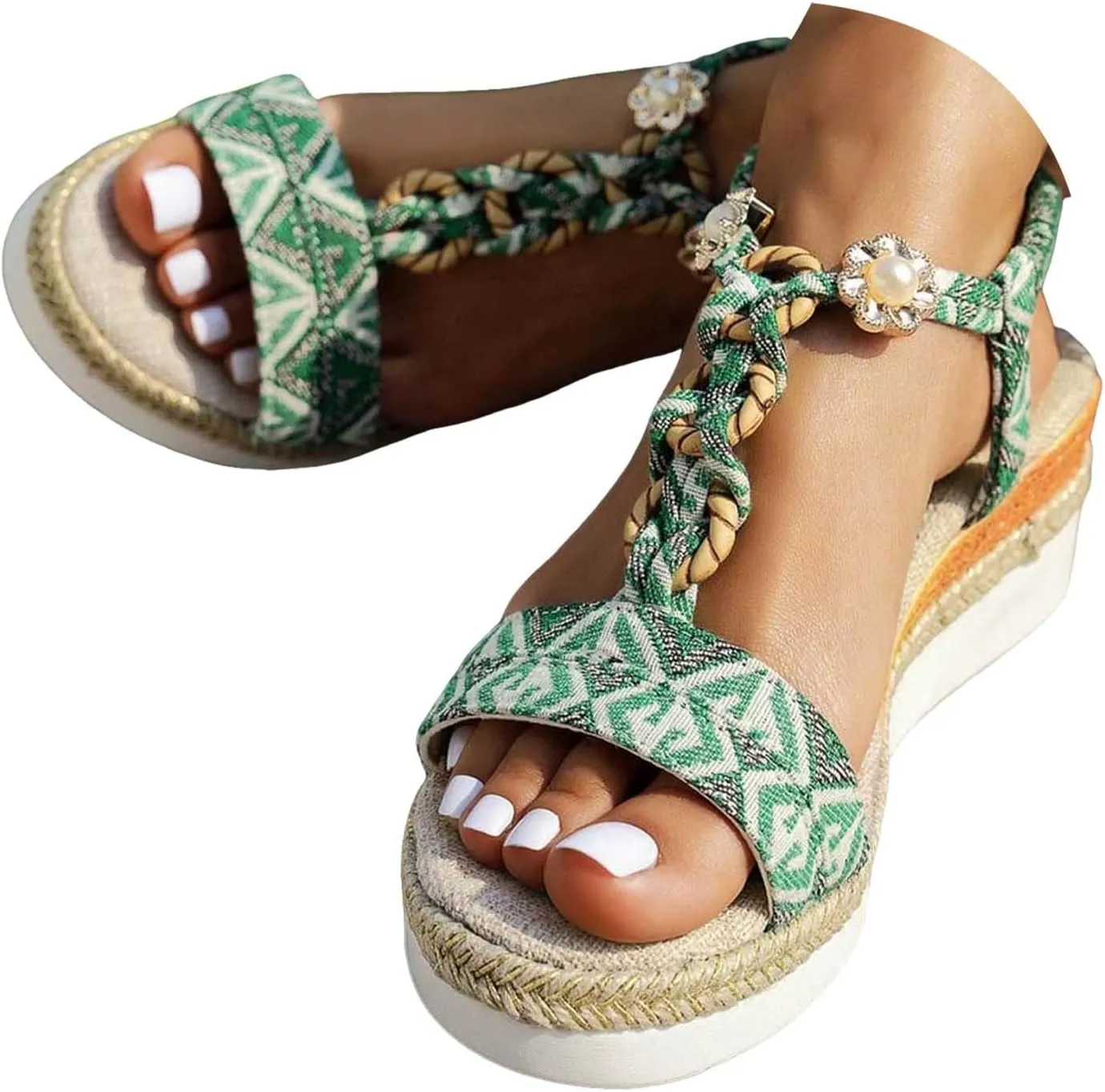 Wedge Sandals for Women Bohemian Woven Espadrille Sandals Open Toes Elastic Ankle Strap Dress Wedges Shoes