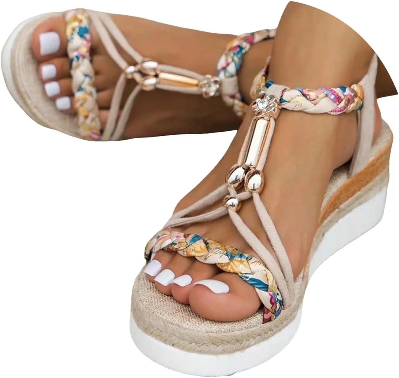 Wedge Sandals for Women Bohemian Woven Espadrille Sandals Open Toes Elastic Ankle Strap Dress Wedges Shoes