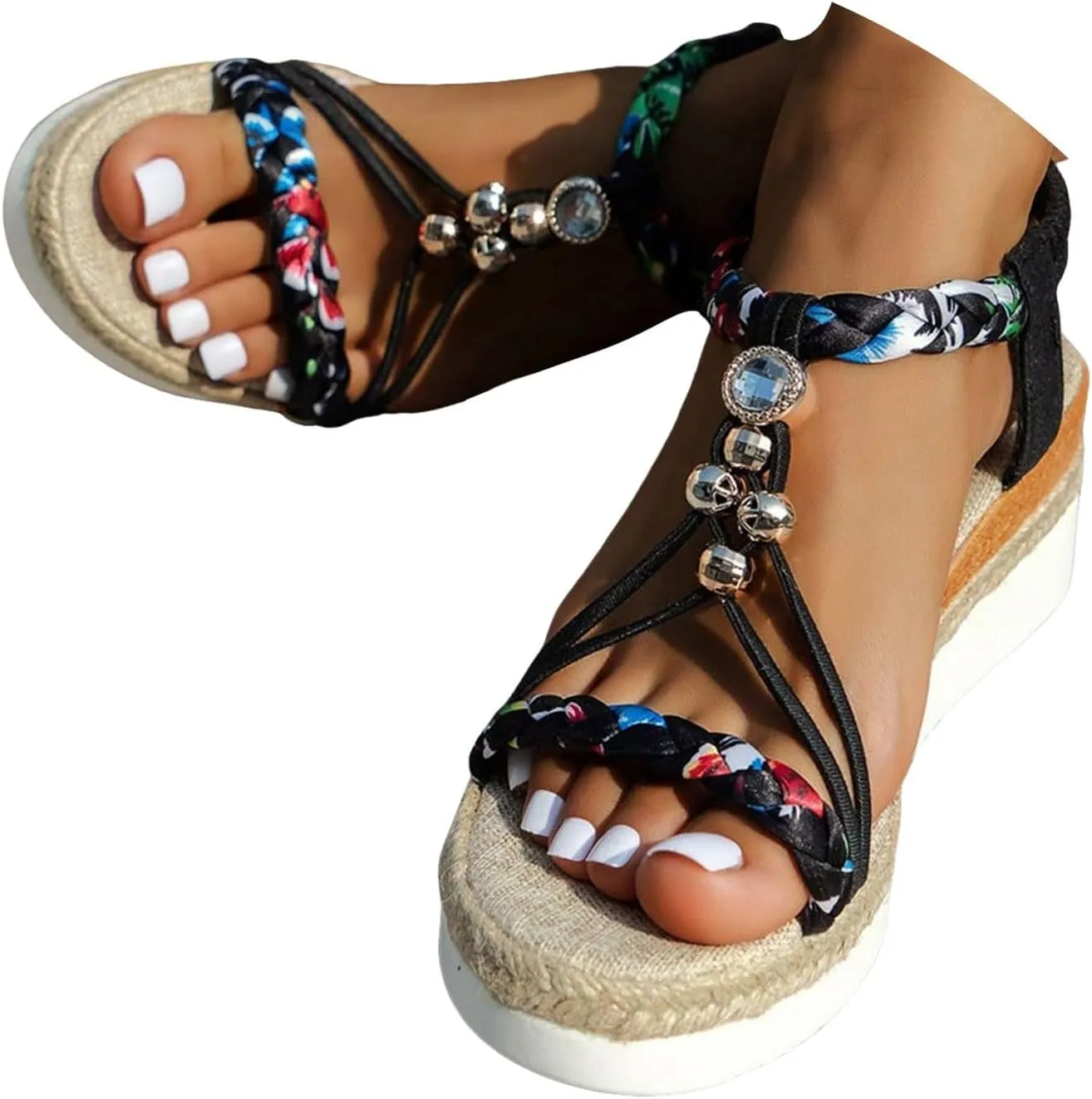 Wedge Sandals for Women Bohemian Woven Espadrille Sandals Open Toes Elastic Ankle Strap Dress Wedges Shoes