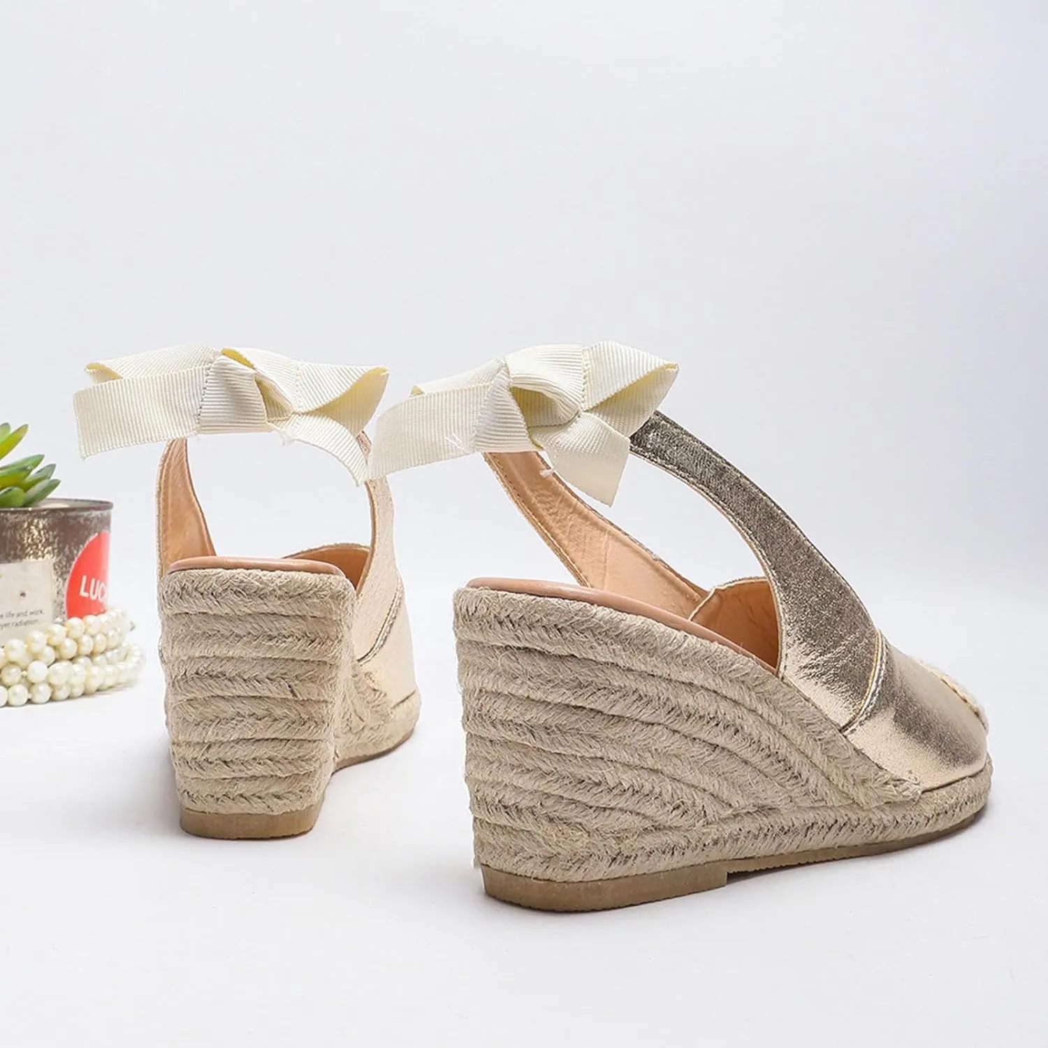 Wedge Sandals for Women Closed Toe Woven Espadrille Flats Women's Back Lace-Up Wedge Heels Summer Dress Shoes