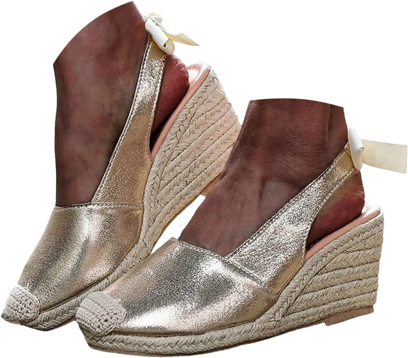 Wedge Sandals for Women Closed Toe Woven Espadrille Flats Women's Back Lace-Up Wedge Heels Summer Dress Shoes