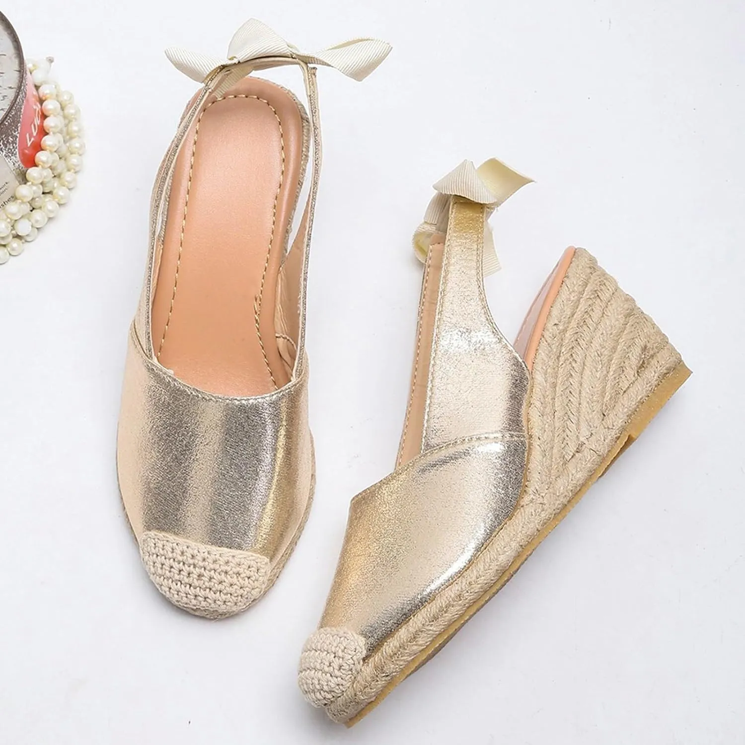 Wedge Sandals for Women Closed Toe Woven Espadrille Flats Women's Back Lace-Up Wedge Heels Summer Dress Shoes