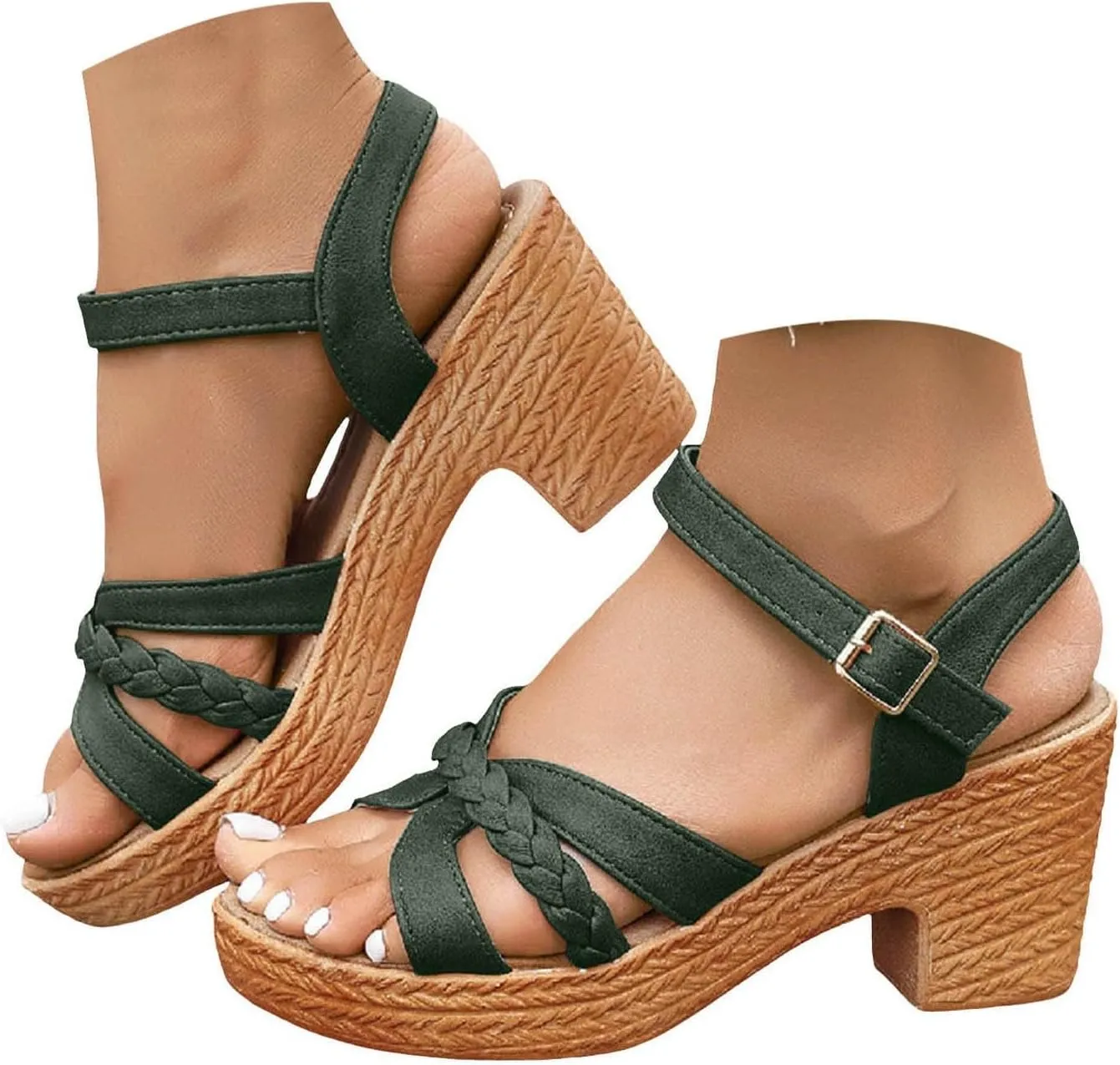Wedge Sandals for Women Round Toe Block Heels Woven Strap Low Chunky Heeled Ankel Buckle Dress Pumps Shoes