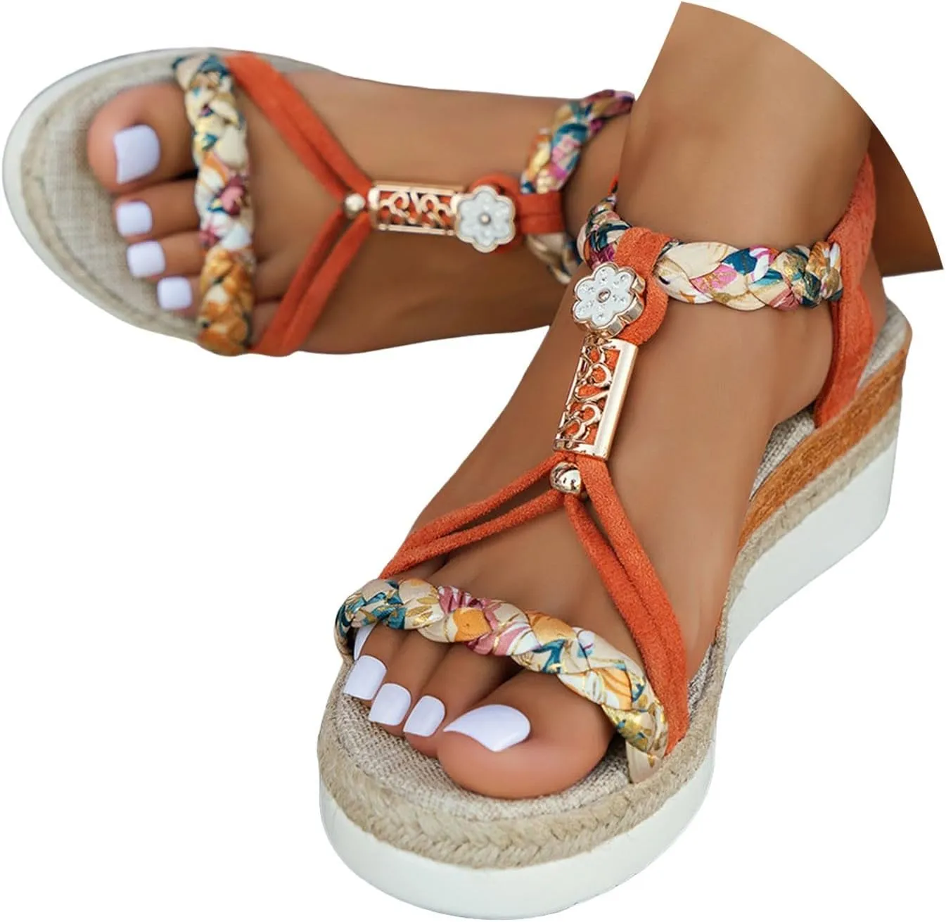 Wedge Sandals for Women Woven Espadrille Sandal Chunky Platform Wedge Heels Elastic Ankle Strap Beach Shoes