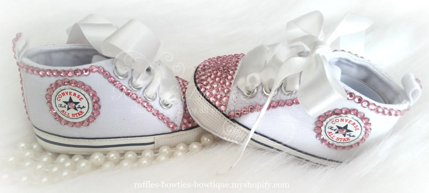 White and Pink Crystal Baby Converse High Tops - Crystal Shoes - Pre Walker Shoes - Baby Girl Shoes - Wedding - Christening - Baptism- Baby