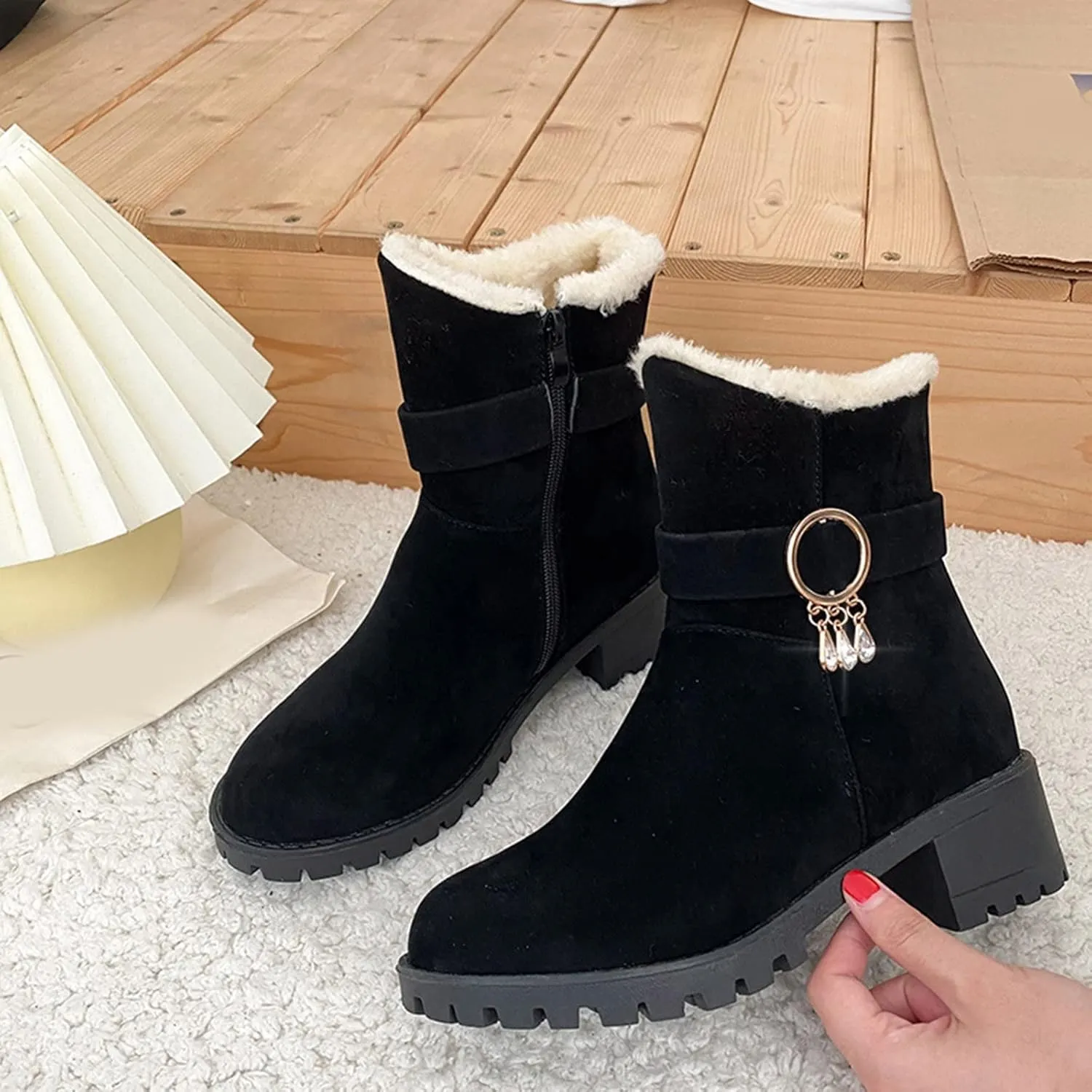 Winter Boots for Women 2023 Trendy Fall Womens Black Winter Snow Boots Womens Wide Toe Snow Boots Mid Calf Winter Boots for Women Low Heel Botas De Invierno Para Mujer Pie Ancho
