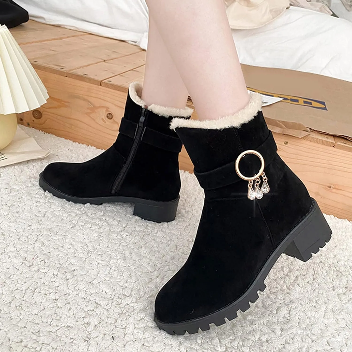 Winter Boots for Women 2023 Trendy Fall Womens Black Winter Snow Boots Womens Wide Toe Snow Boots Mid Calf Winter Boots for Women Low Heel Botas De Invierno Para Mujer Pie Ancho