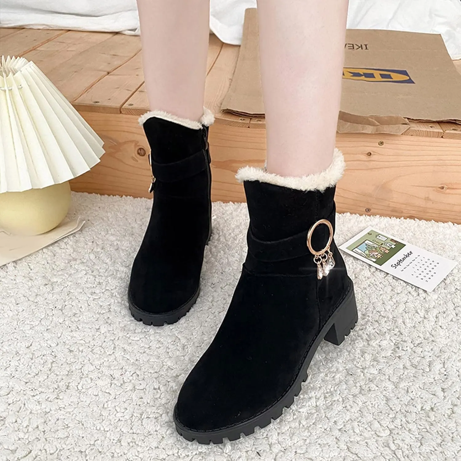 Winter Boots for Women 2023 Trendy Fall Womens Black Winter Snow Boots Womens Wide Toe Snow Boots Mid Calf Winter Boots for Women Low Heel Botas De Invierno Para Mujer Pie Ancho