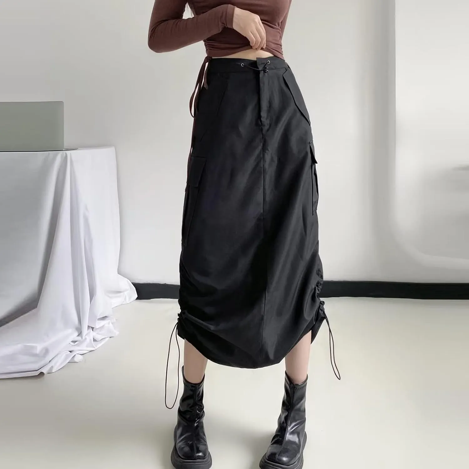 Women Cargo Midi Denim Skirt High Waisted Skirts Denim Skirt with Pocket Spring Dresses Pencil Skirts for Women's