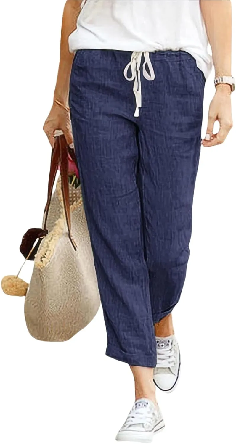 Women Casual Linen Pants 2025 Summer Capris Elastic Waist Drawstring Pants Straight Leg Casual Loose Capris Trousers