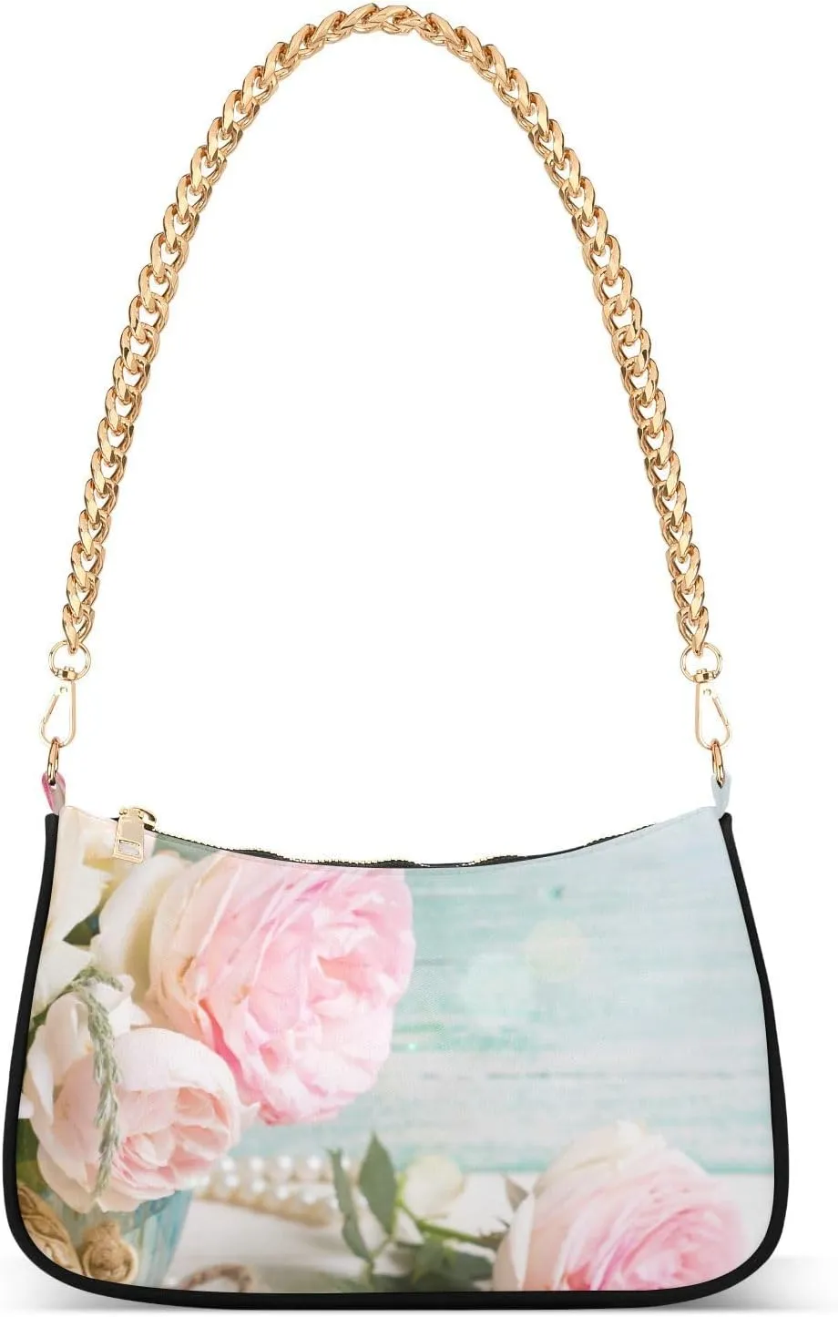 Women Chain Shoulder Purse Bag With Zipper Pink Roses Flowers Print, Valentines Day Wedding Hobo Tote Clutch Handbags with Chain Strap