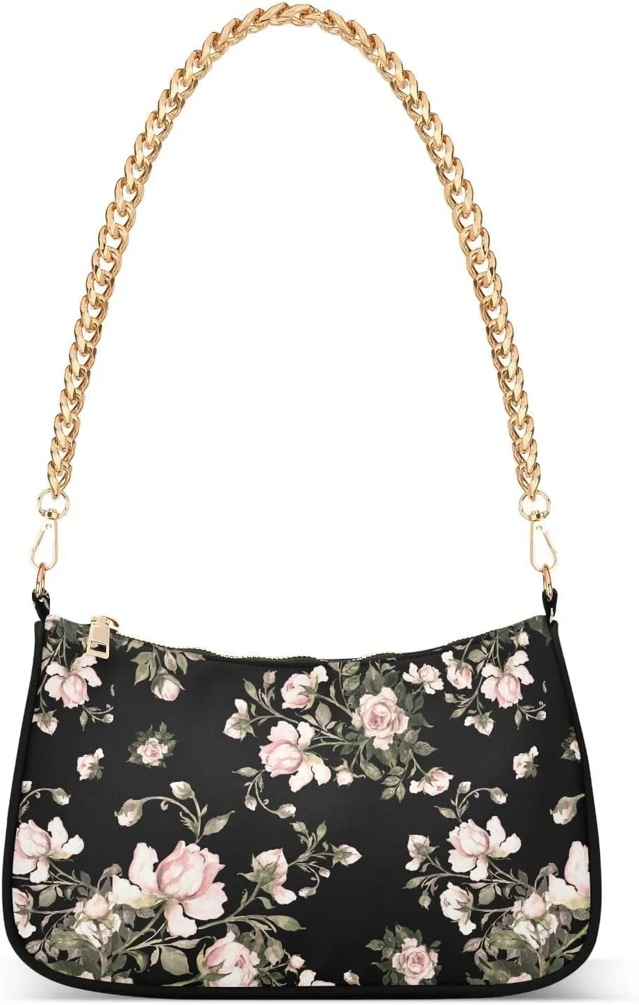 Women Chain Shoulder Purse Bag With Zipper Pink Roses Retro Print, Valentines Wedding Hobo Tote Clutch Handbags with Chain Strap