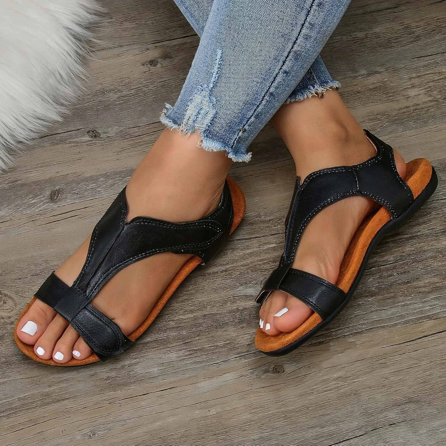 Women Comfortable Sandals Orthotic Walking Orthopedic Arch Support Comfort Cooling Adjustable Strap Walking Sandals T-Strap Open Toe Slip On Beach Flat Sandal Outdoor Going Out Comfort Shoes