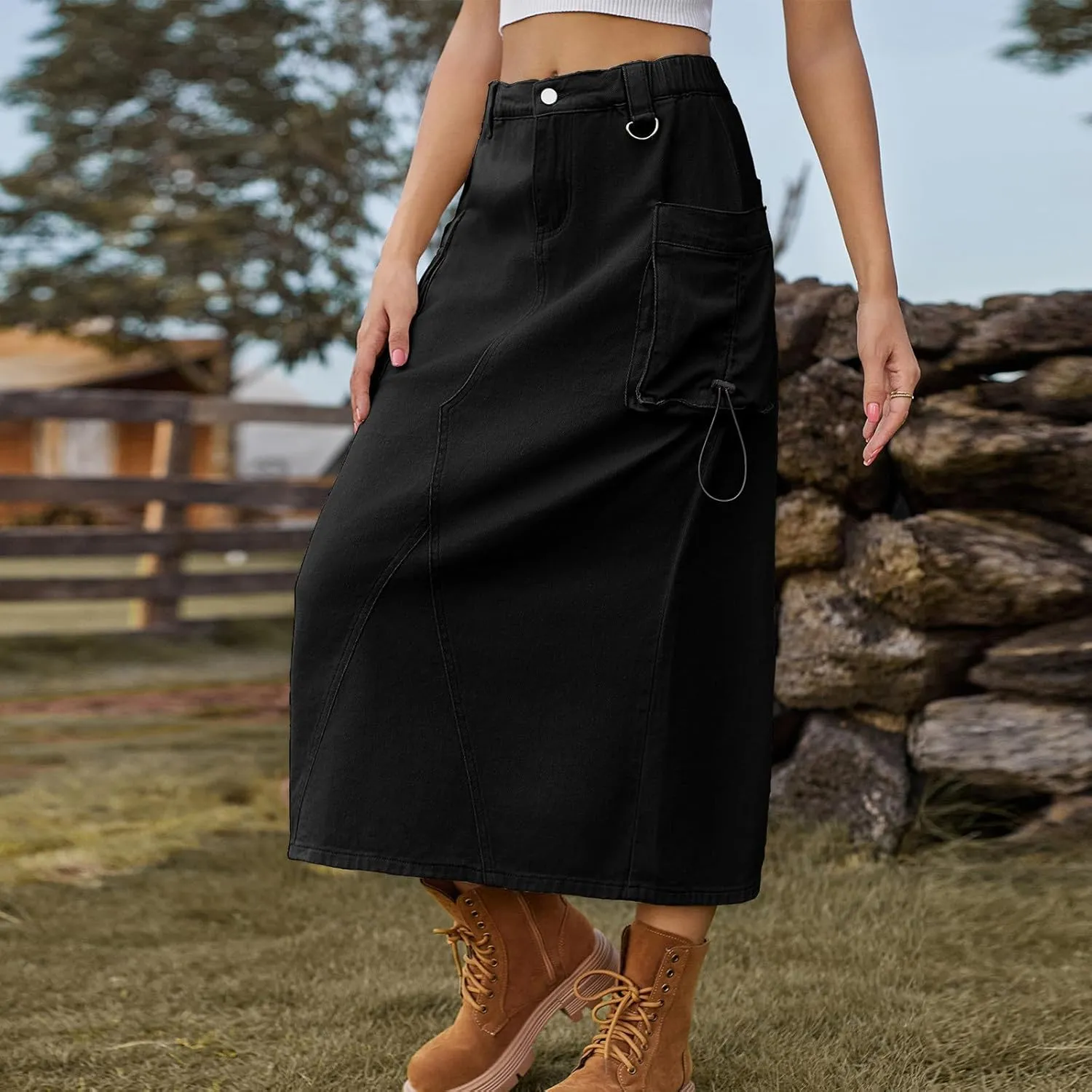 Women Denim Cargo Long Skirts High Waisted Pencil Skirt Midi Length Jean Skirt Casual A-Line Skirt with Cargo Pockets