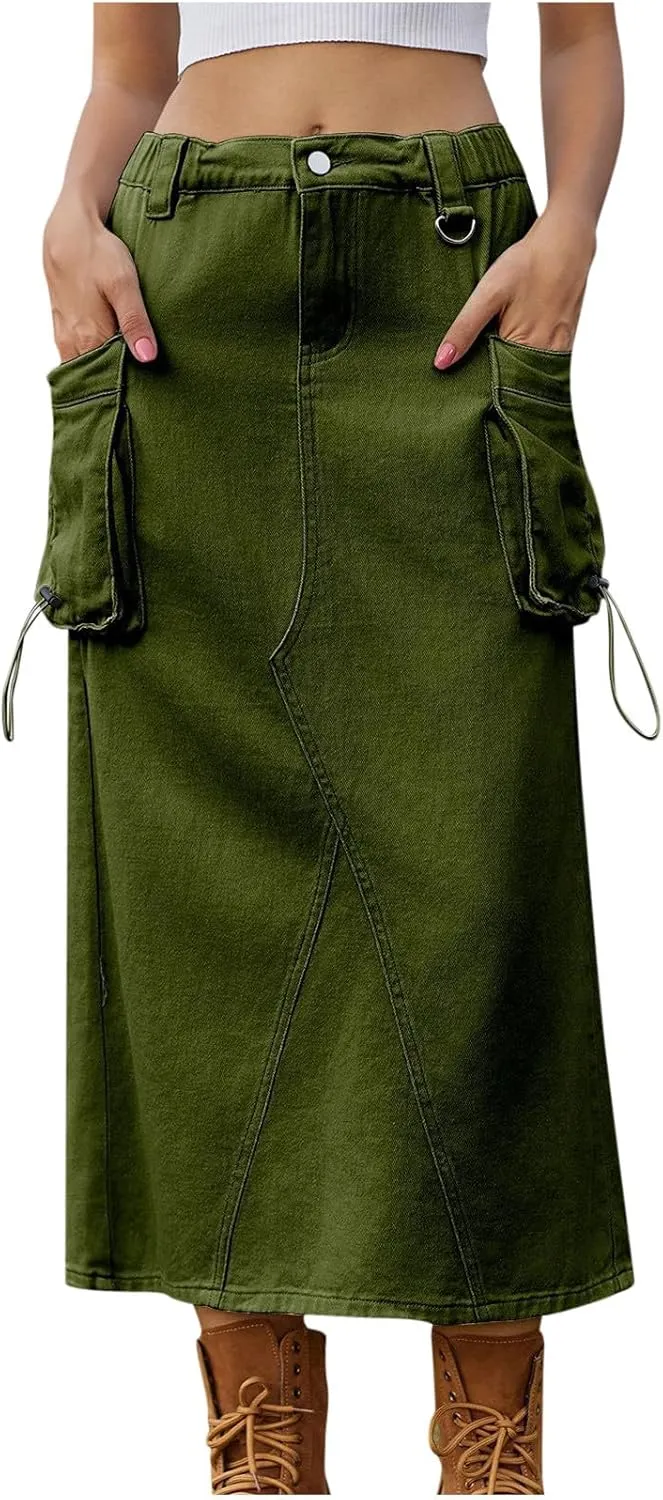 Women Denim Cargo Long Skirts High Waisted Pencil Skirt Midi Length Jean Skirt Casual A-Line Skirt with Cargo Pockets