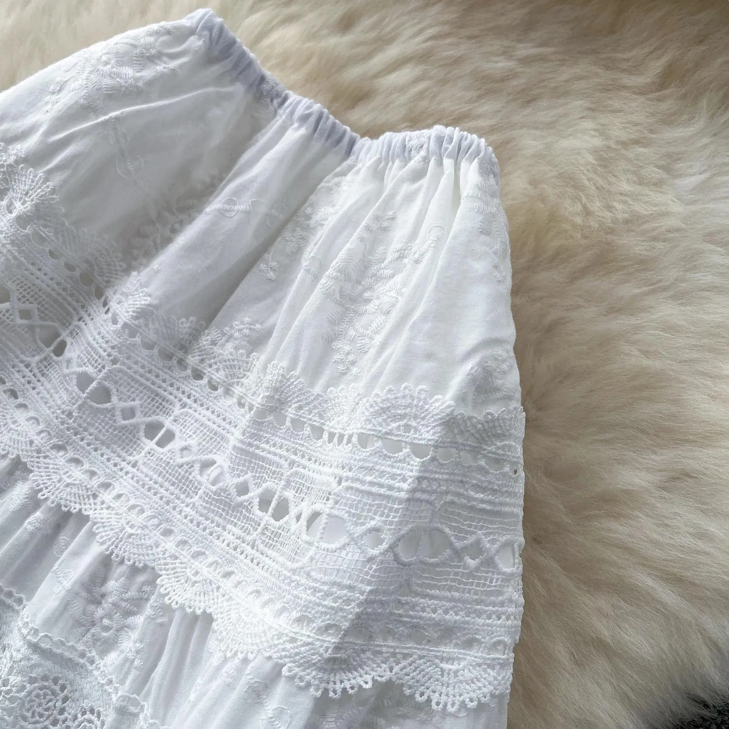 Women Embroidered Vintage Hollow Out Bohemian Dress Off Shoulder Elastic Waist Midi Skirts