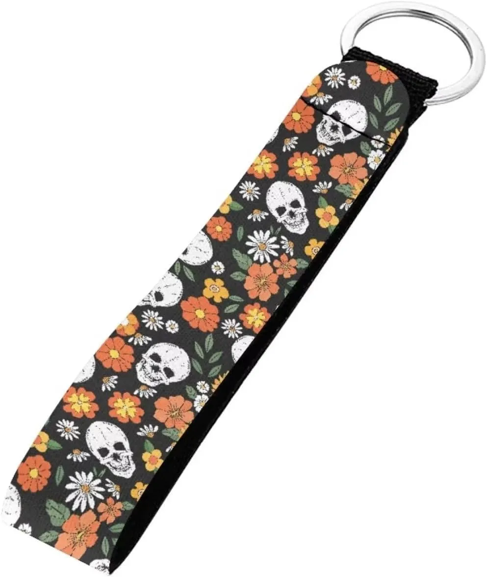 Women Men Wristlet Keychain Strap, Skull Daisy Print Keychain Holder, Long Hand Wrist Lanyard Keychain Car Key Holder Keys Assistant, Multifunctional Wristlet Key Chain with Key Ring