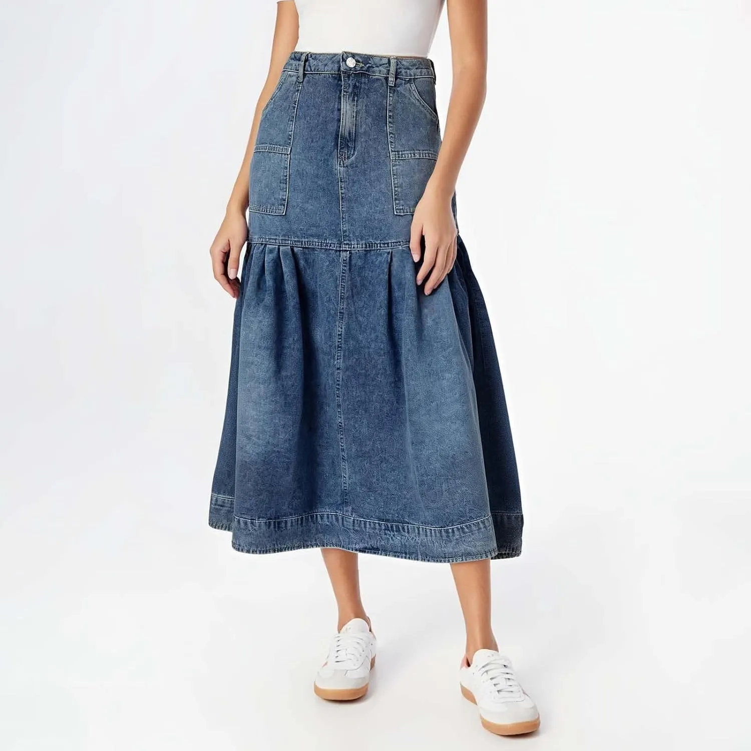 Women's Casual Denim Skirts Summer Midi Jean Skirts Stretch High Waisted Vintage Denim Dress 2025 Trendy with Pockets