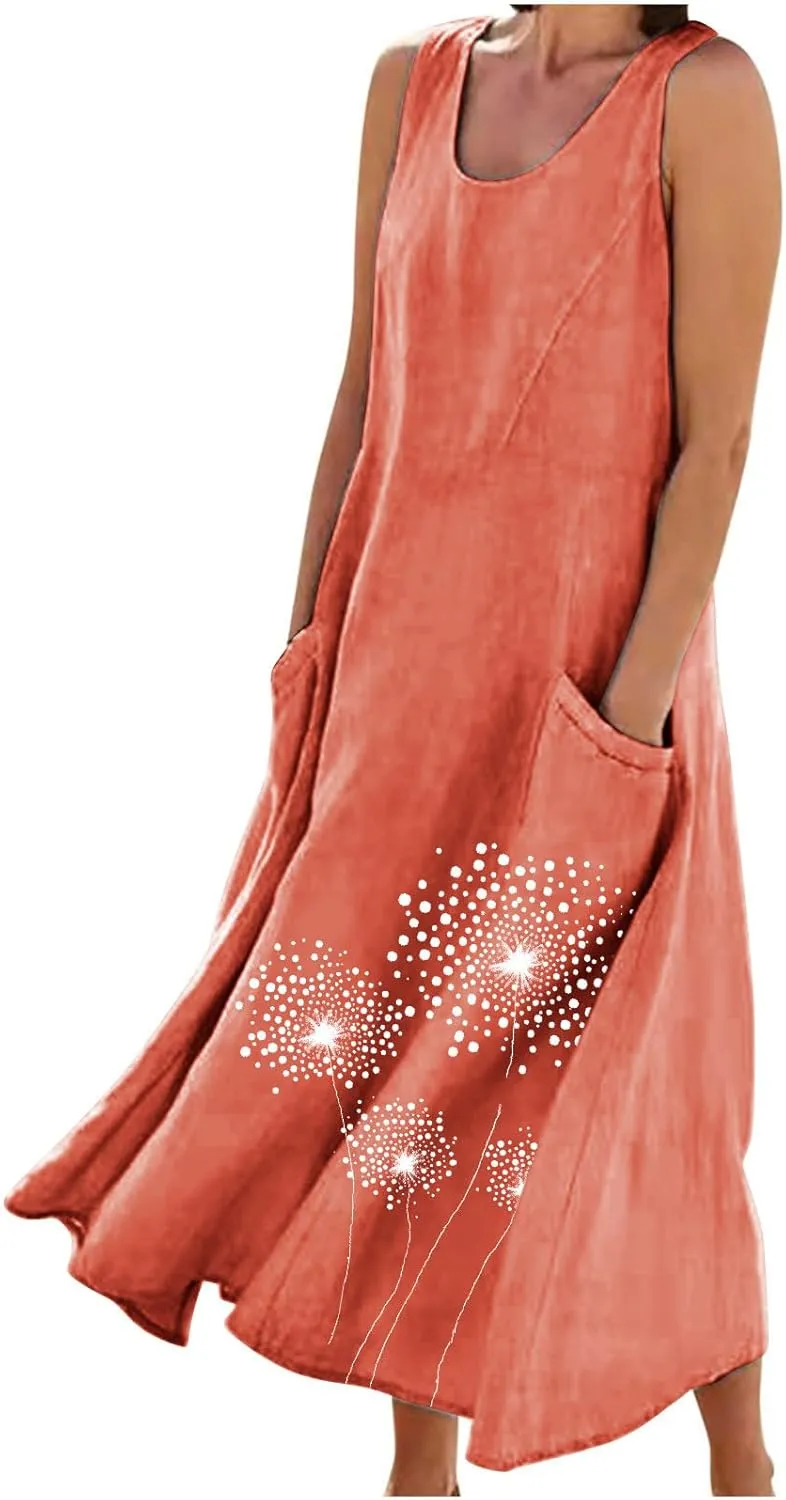 Womens Cotton Linen Sundress Sleeveless Flowy Maxi Dresses Plus Size Boho Summer Casual Loose Beach Tank Dress Pockets