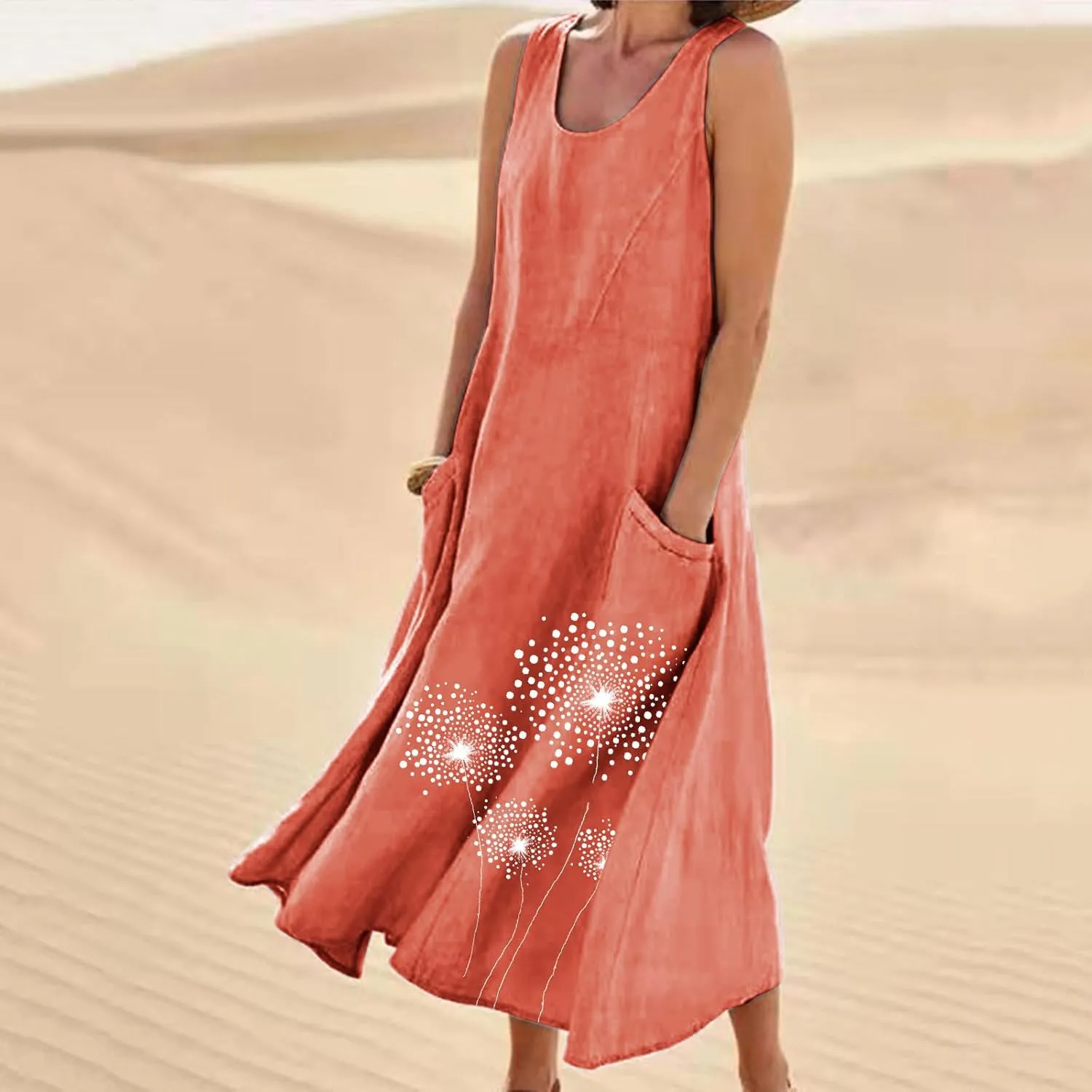 Womens Cotton Linen Sundress Sleeveless Flowy Maxi Dresses Plus Size Boho Summer Casual Loose Beach Tank Dress Pockets