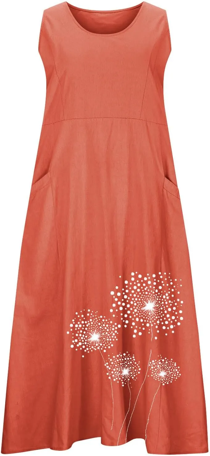 Womens Cotton Linen Sundress Sleeveless Flowy Maxi Dresses Plus Size Boho Summer Casual Loose Beach Tank Dress Pockets