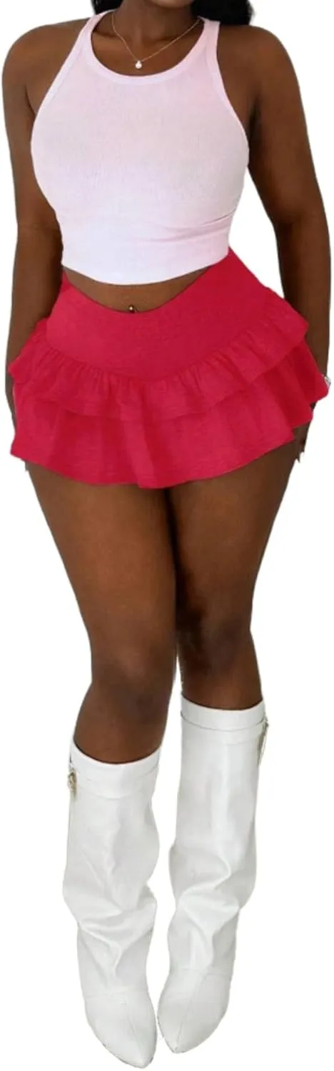 Women's Cute Flowy Skorts Skirts High Waist Casual Layered Ruffle Tiered Skirts Comfy Crochet Shorts