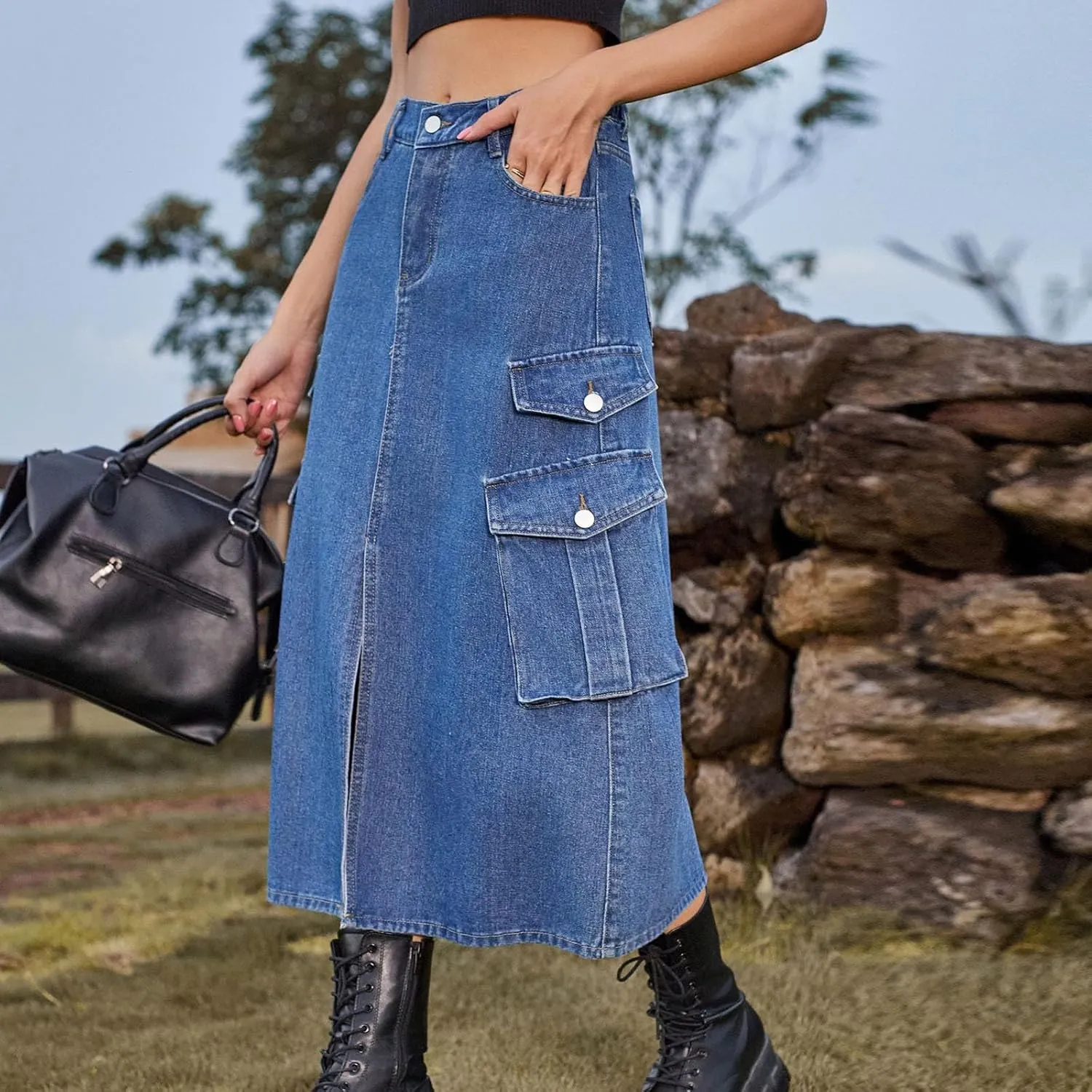 Womens Denim Long Skirts Slit Front Midi Cargo Y2k Casual Jean Skirts High Waisted Denim Jean Skirt with Pockets